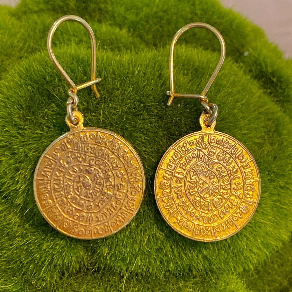 Gold Roman Hieroglyphic Style Dangle Earrings